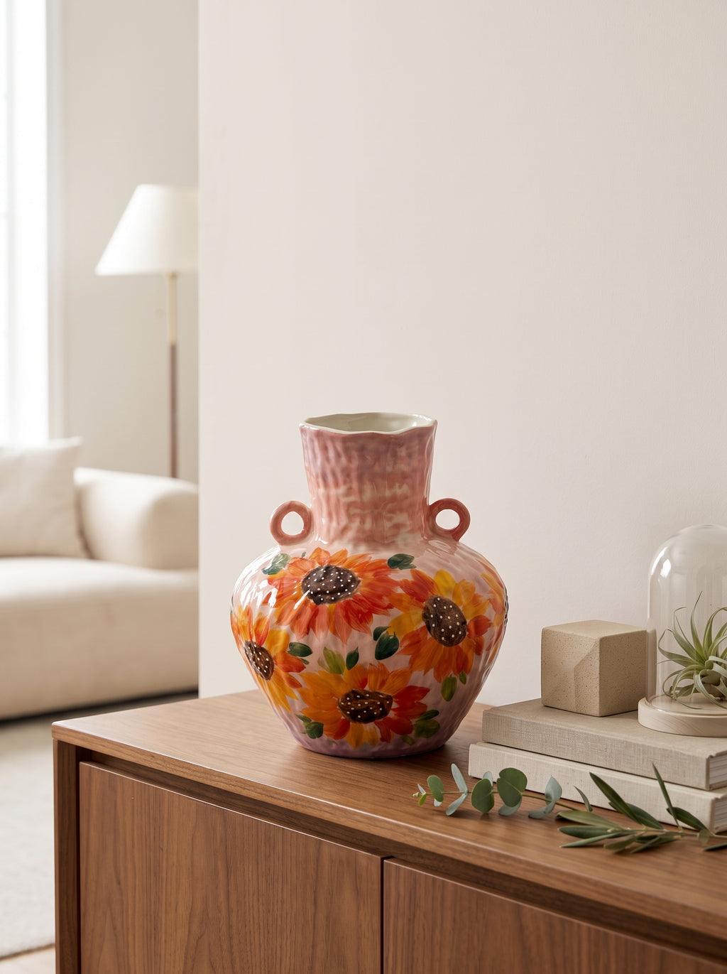Hand-painted Pink Sunflower Twin-Handle Ceramic Vase