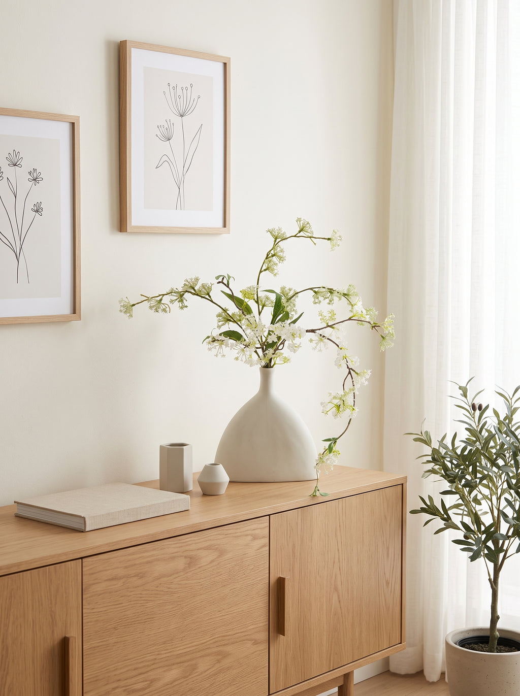 Nordic Minimalist Delicate White Blossom Branch Artificial Floral Arrangement