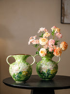 Hand-Painted Green Floral Two-Handled Vase