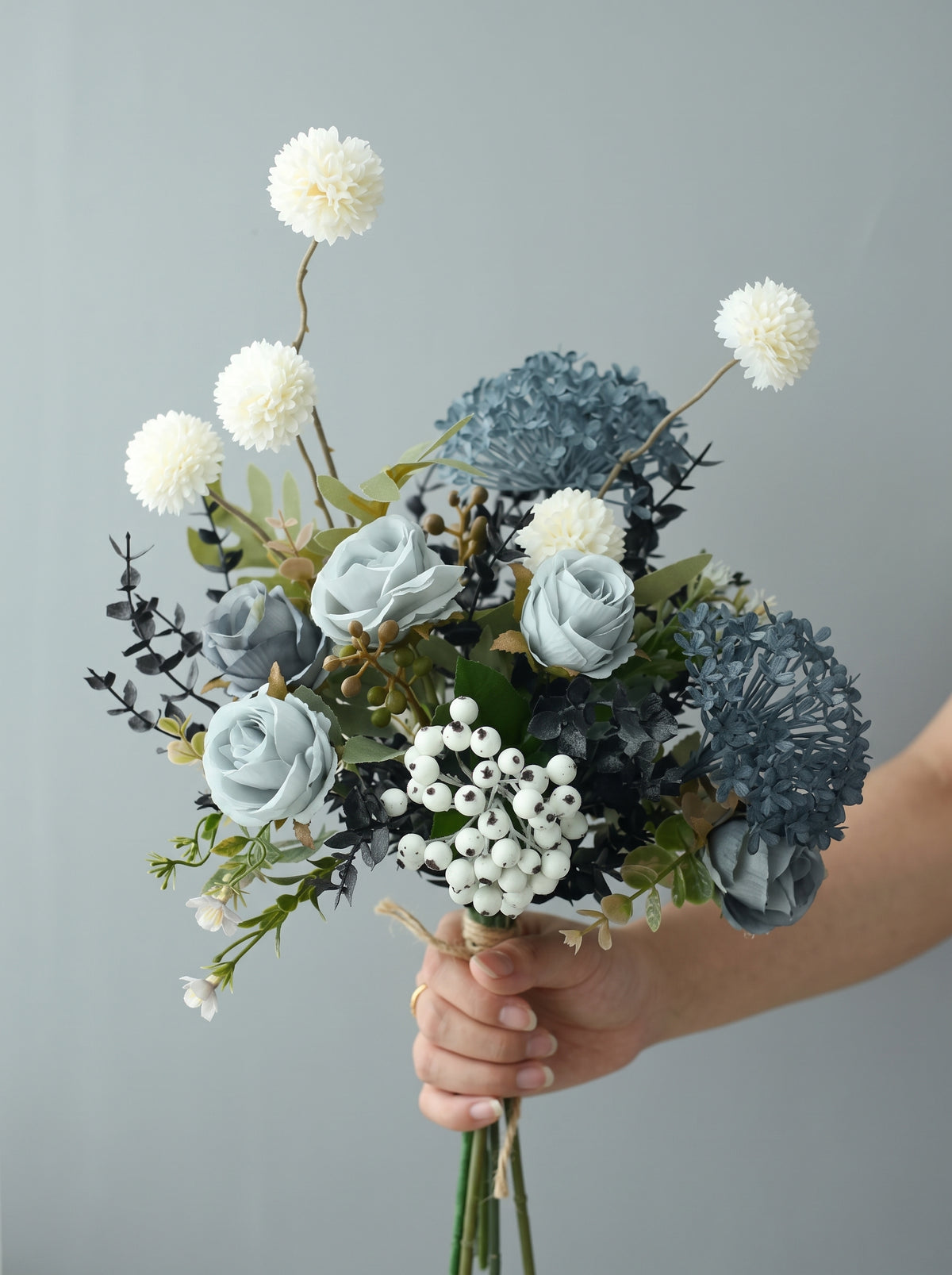 Dusty Mint Blue Rose and White Pom-Pom Faux Floral Arrangement