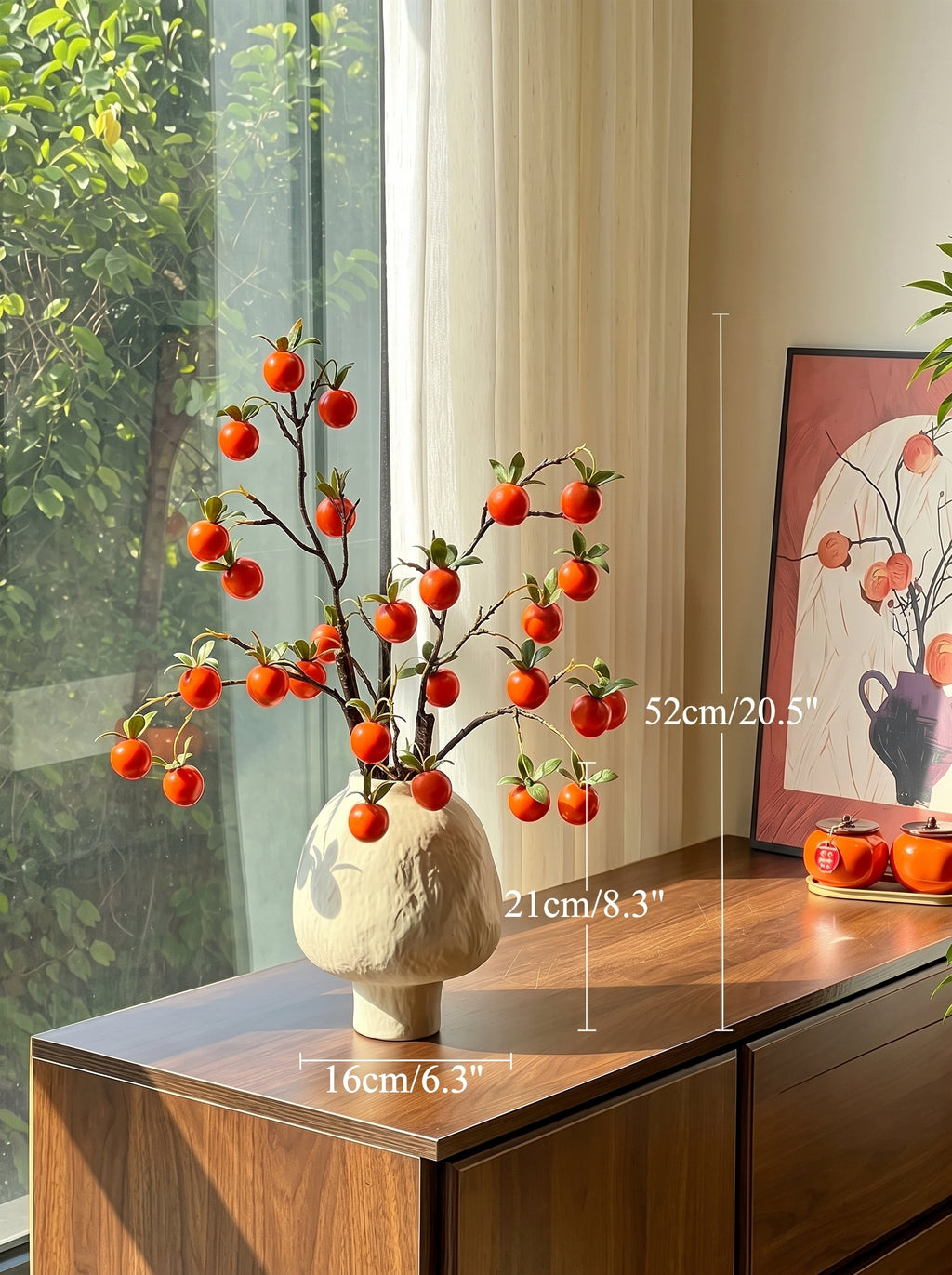 Golden Autumn Persimmon Fruit Botanical Branch Artificial Floral Arrangement