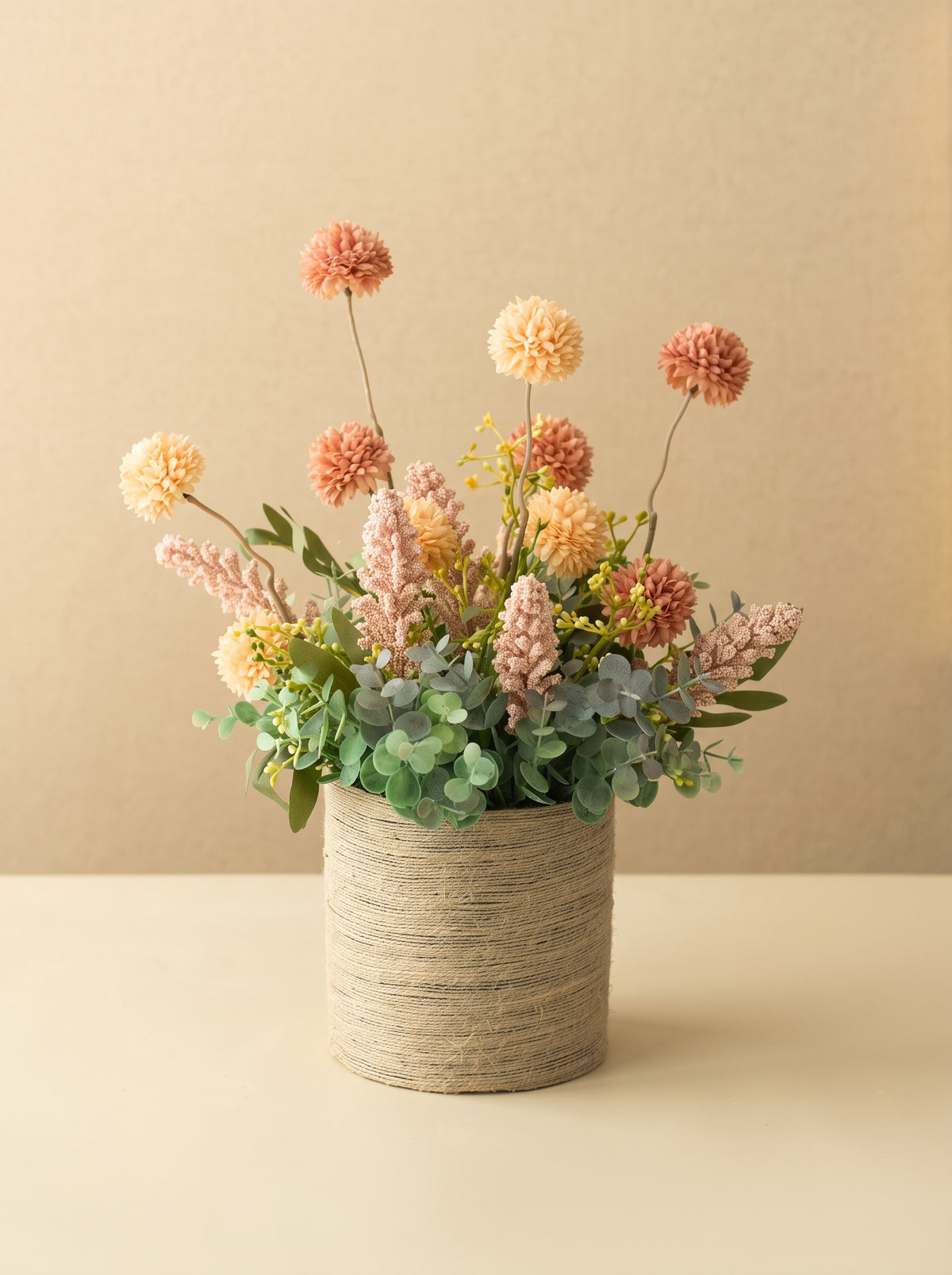 Autumn Terracotta Pom-Pom Woven Vase Faux Floral Arrangement