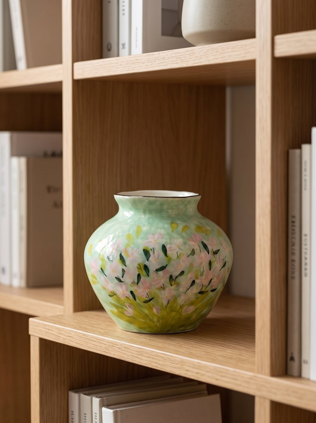 Impressionist Floral Hand-painted Green Ceramic Vase