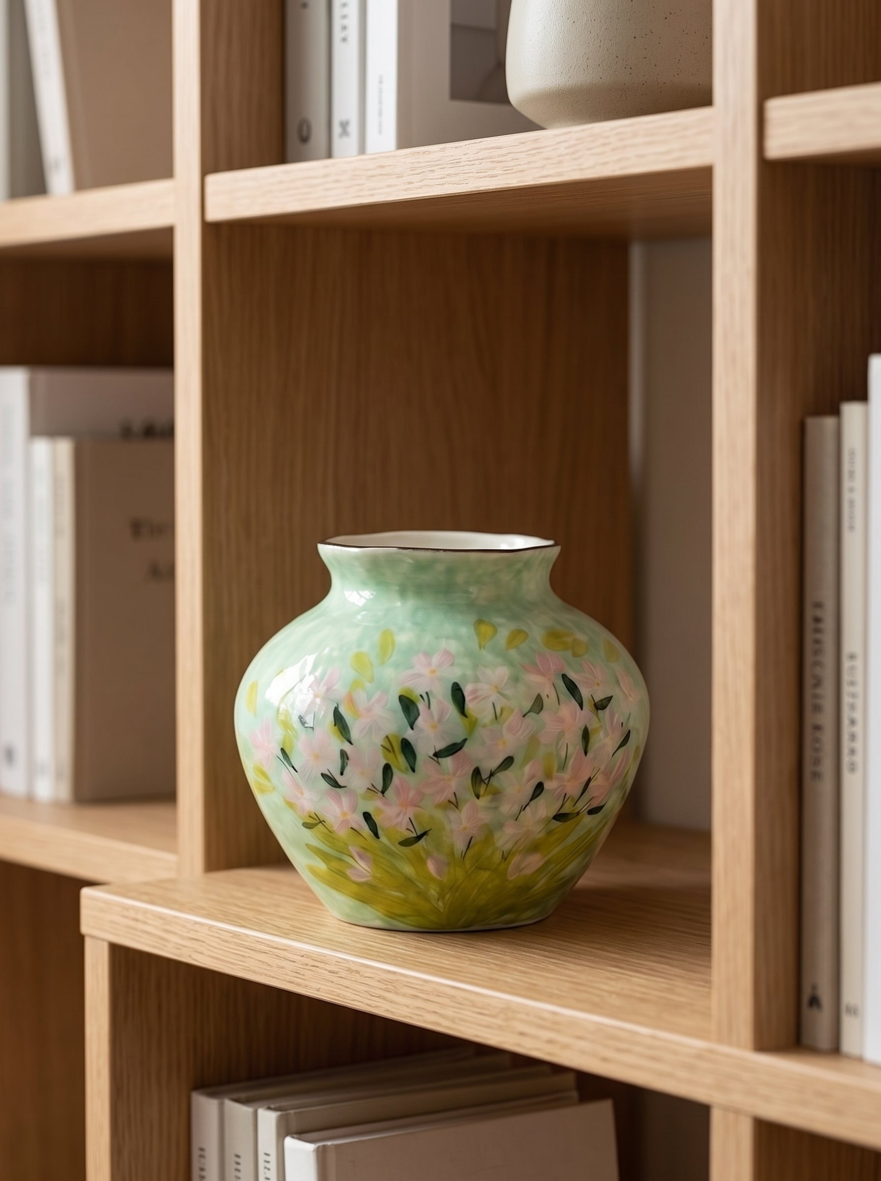 Impressionist Floral Hand-painted Green Ceramic Vase