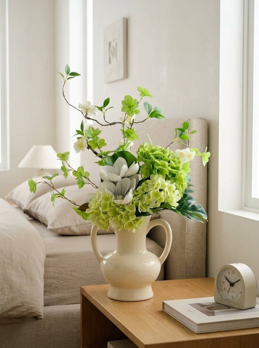 Nordic Magnolia and Green Hydrangea Botanical Faux Floral Arrangement