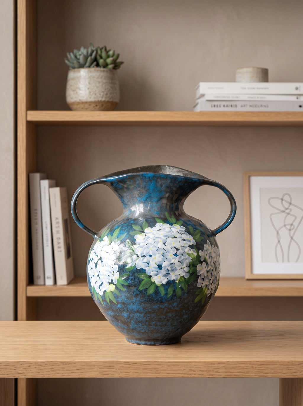 Hand-Painted Hydrangea Blue Double-Handle Vase