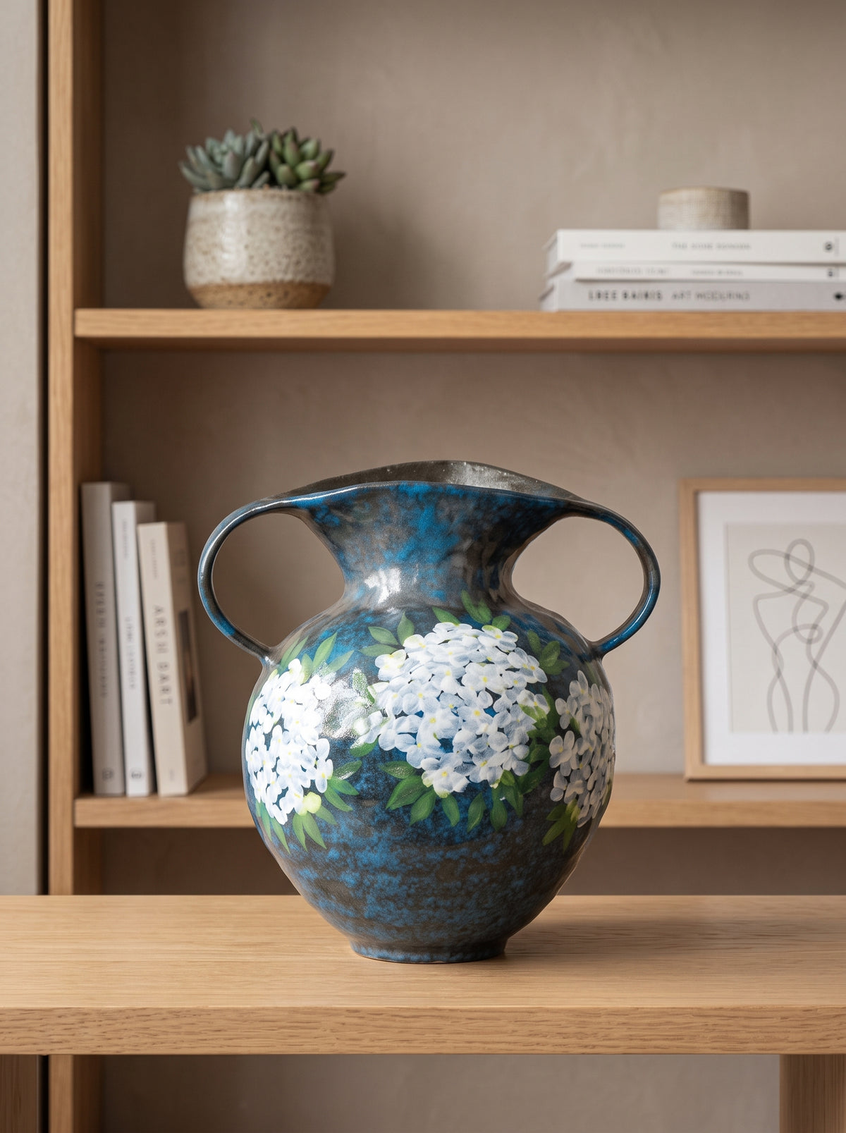 Hand-Painted Hydrangea Blue Double-Handle Vase