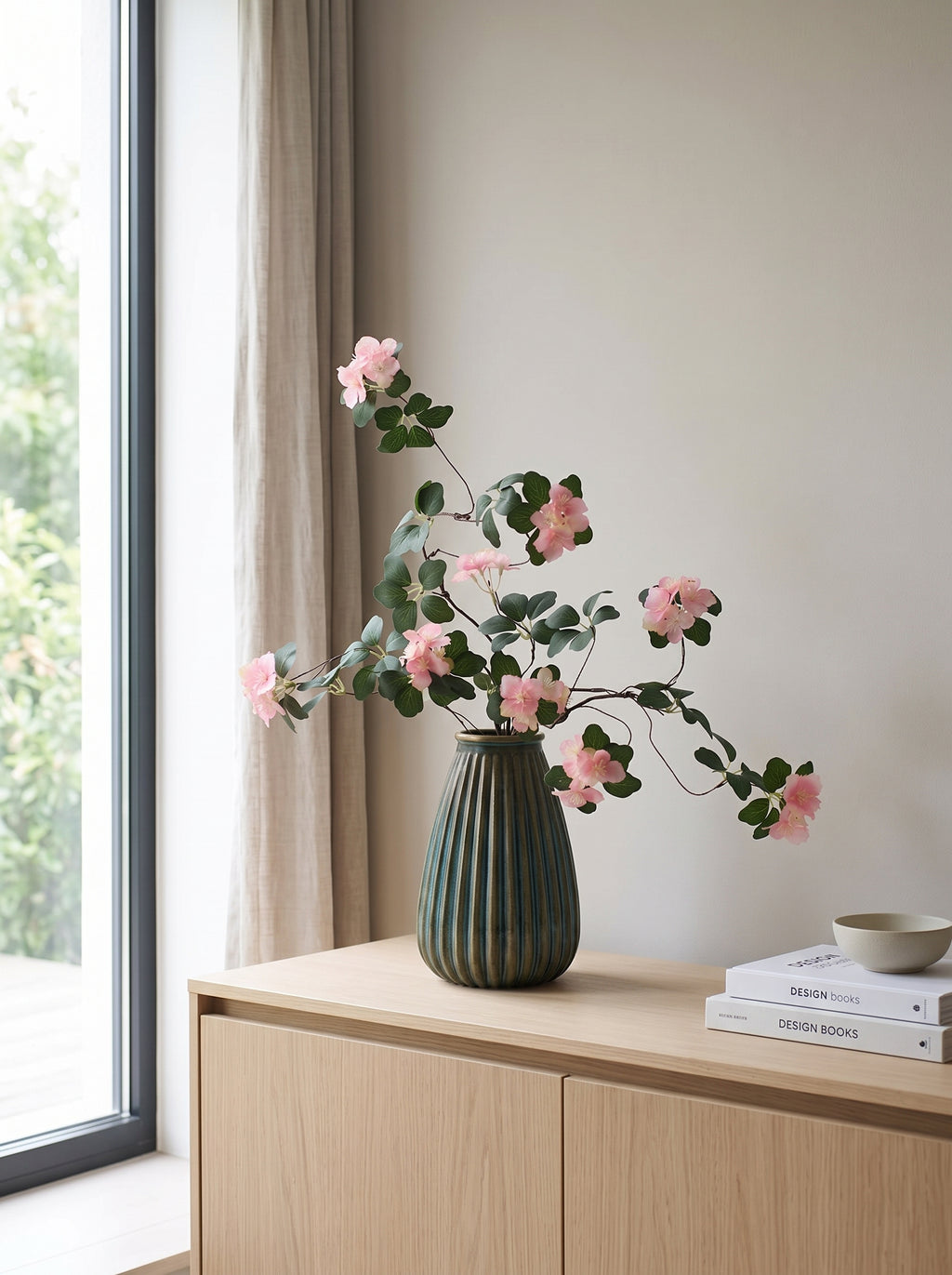 Vintage French Pink Cherry Blossom Stem Artificial Floral Arrangement