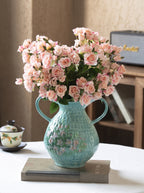 Hand-Painted Floral Double Handle Teal Vase
