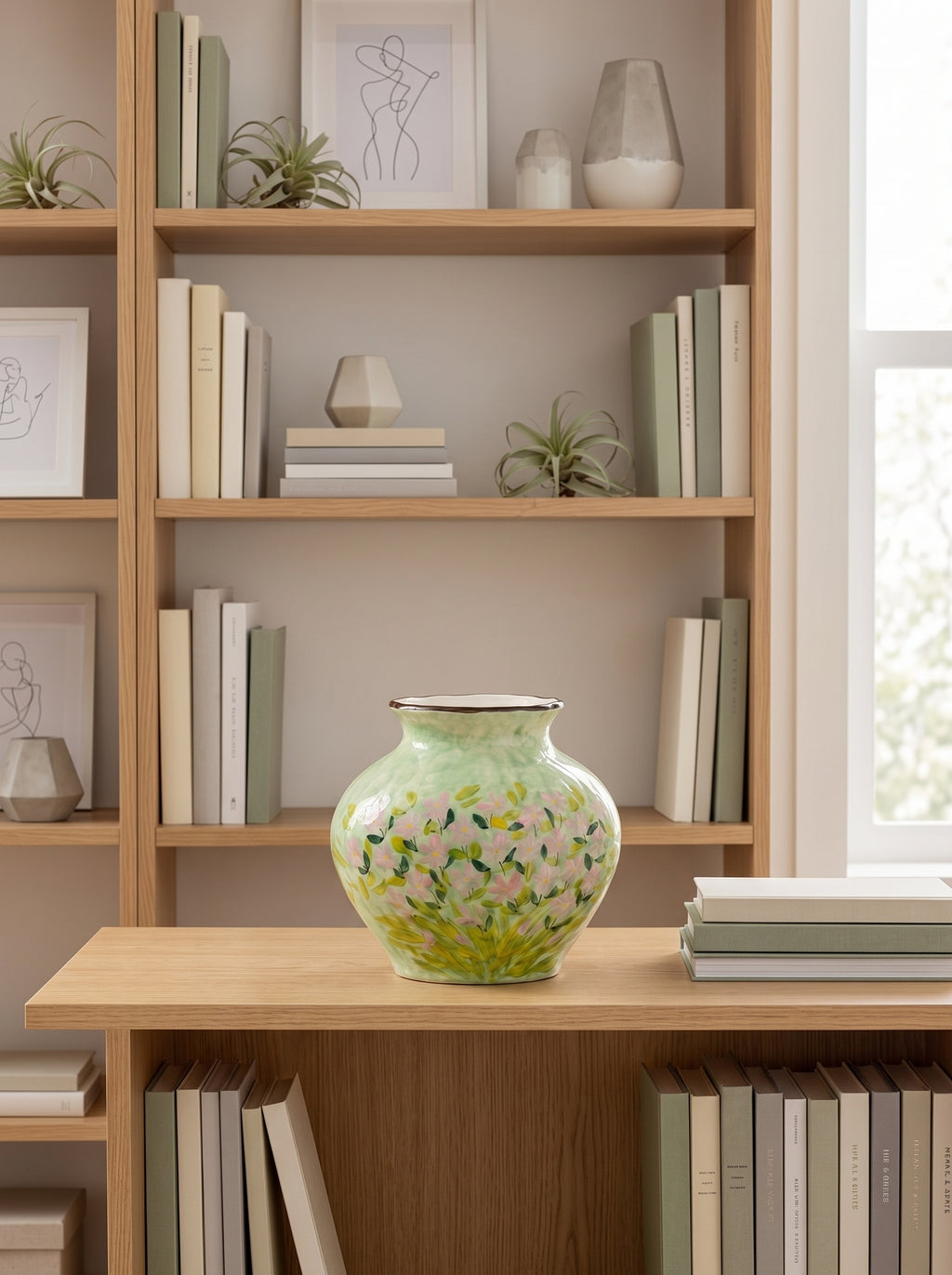 Impressionist Floral Hand-painted Green Ceramic Vase