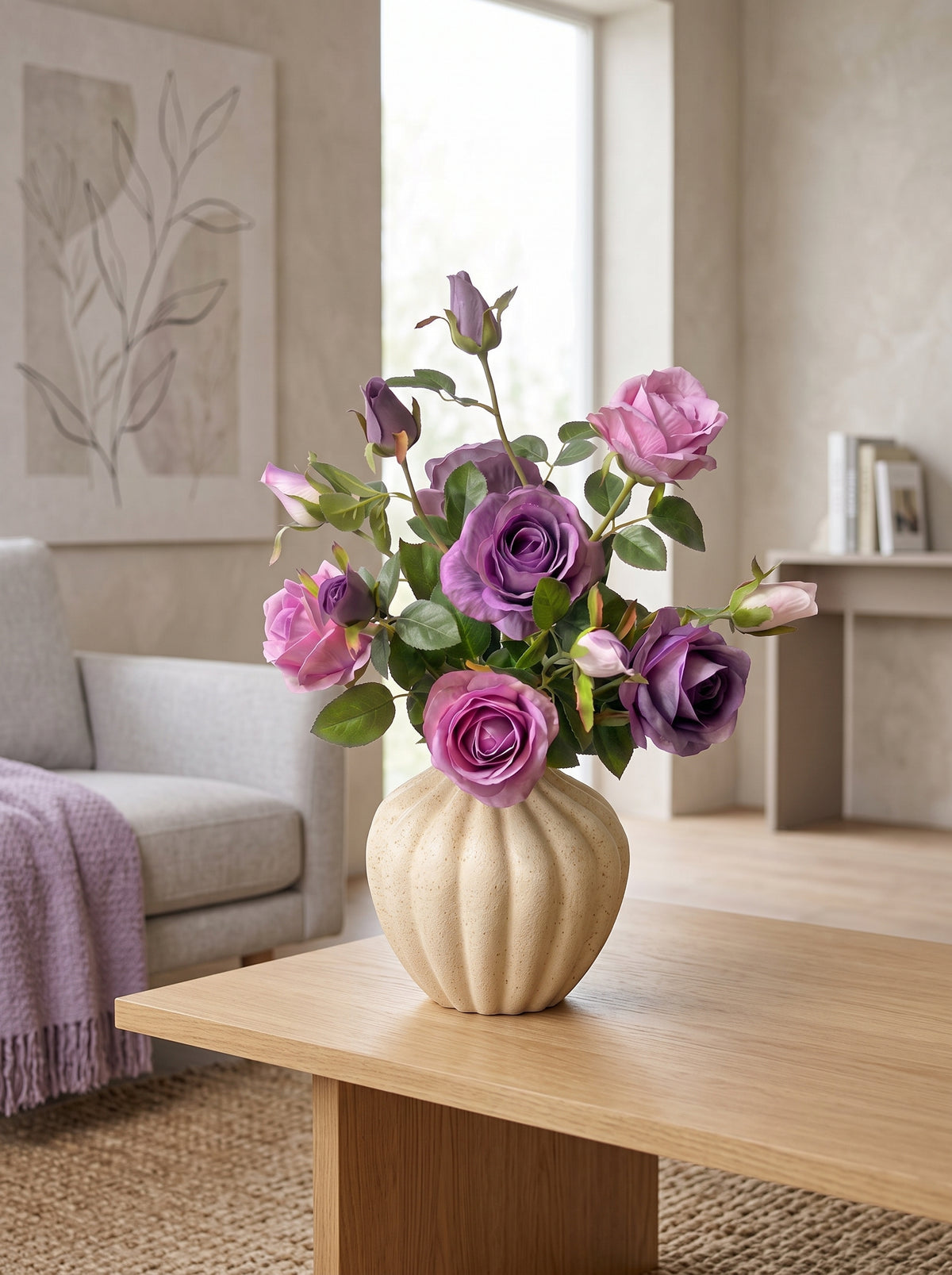 French Romantic Vintage Purple Rose Faux Floral Arrangement