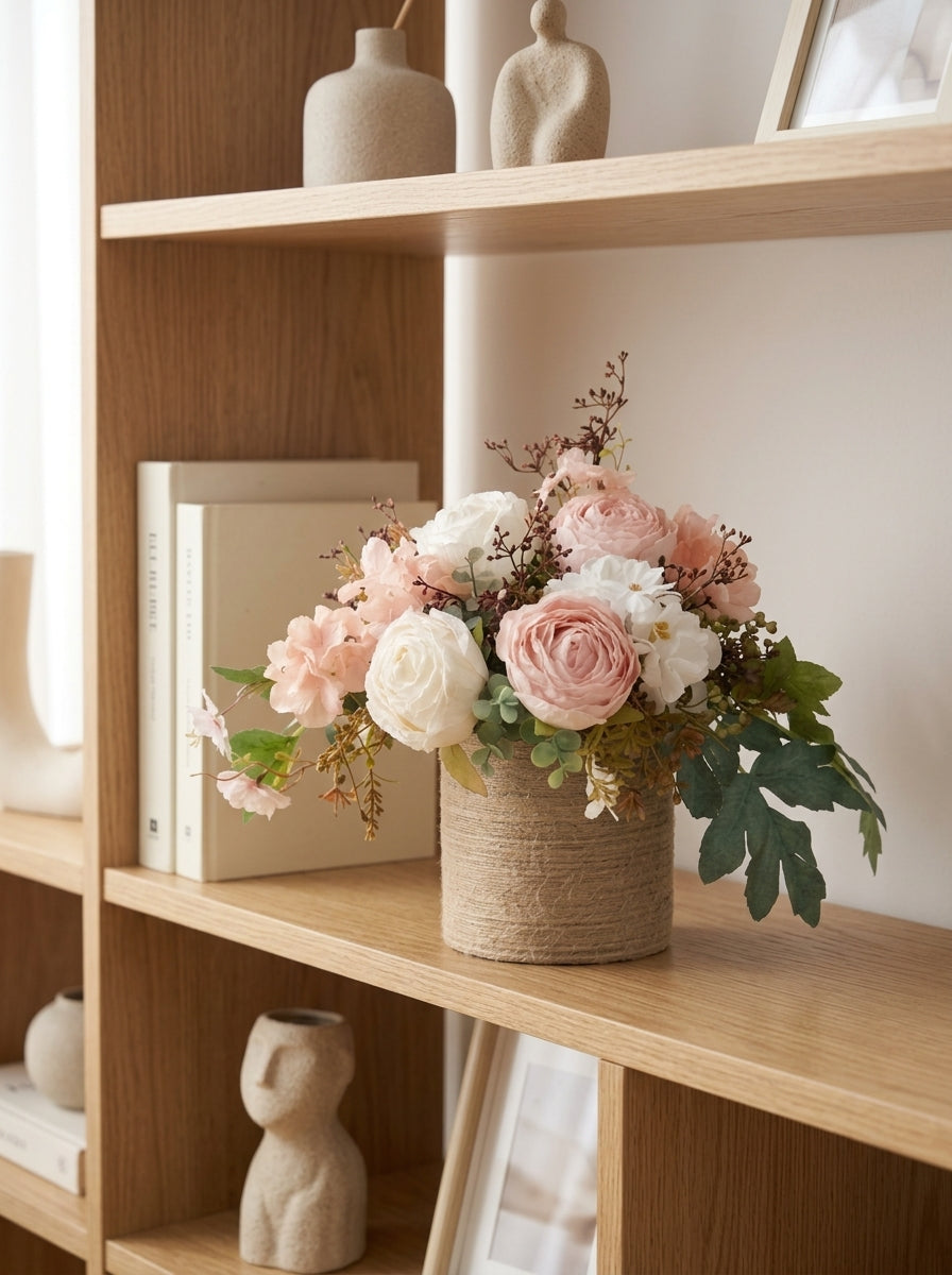 French Romantic Blush Pink Rose Woven Vase Faux Floral Arrangement