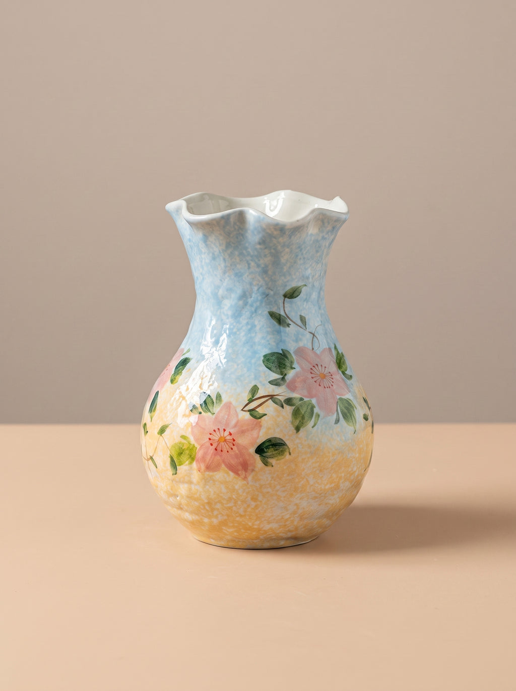 French Country Pastel Blue Floral Ceramic Vase