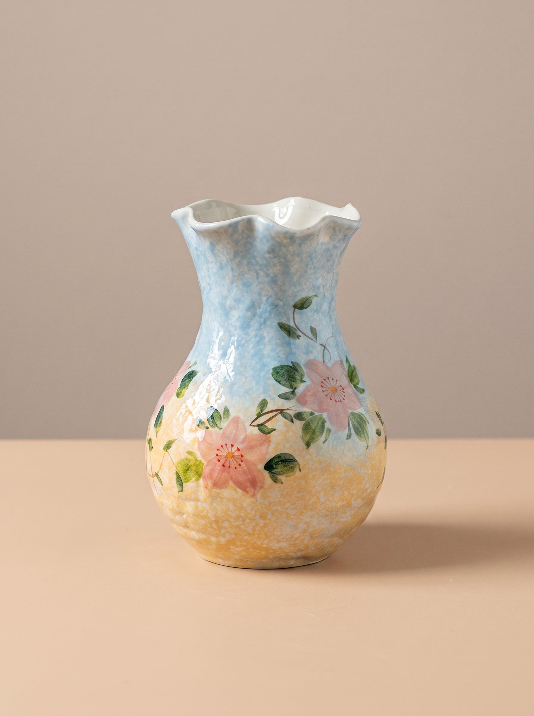 French Country Pastel Blue Floral Ceramic Vase