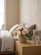 French Romantic Blush Pink Rose Woven Vase Faux Floral Arrangement