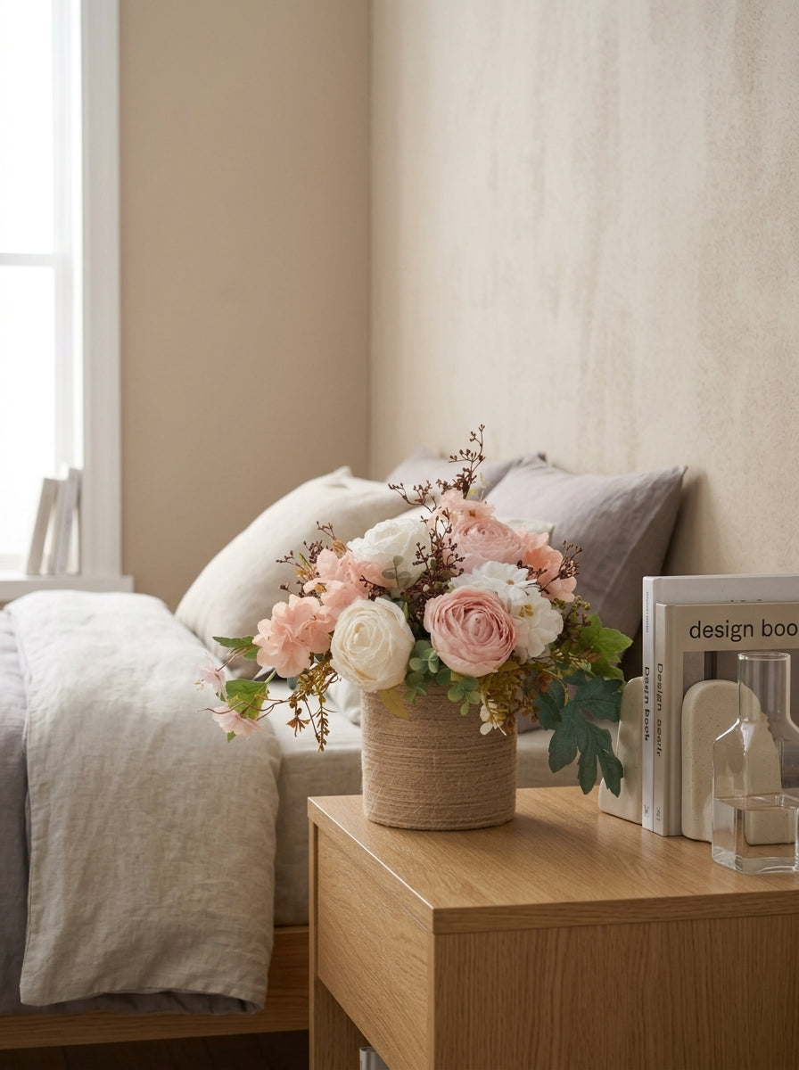 French Romantic Blush Pink Rose Woven Vase Faux Floral Arrangement