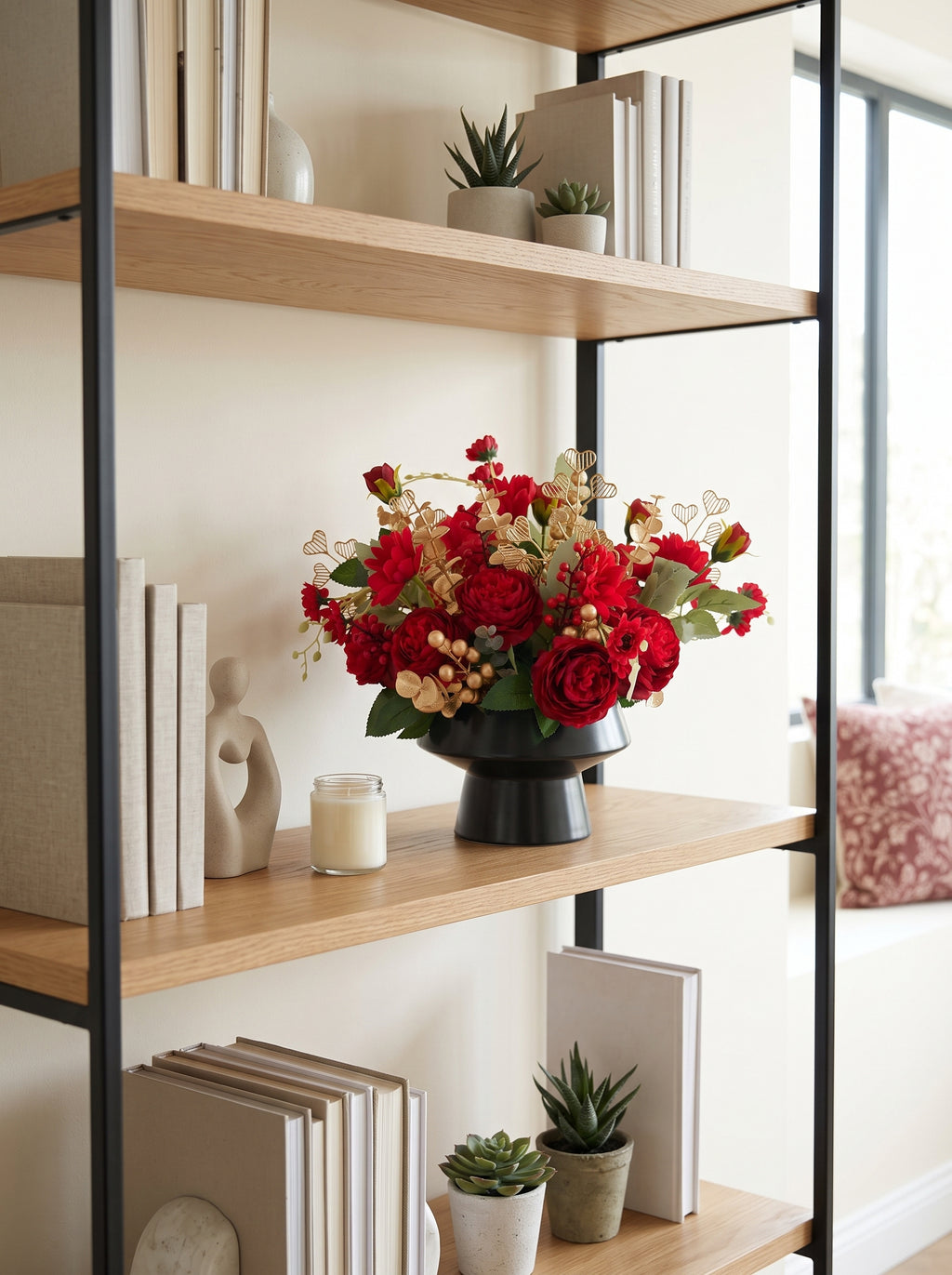 Luxury Red Rose and Golden Berry Faux Floral Arrangement