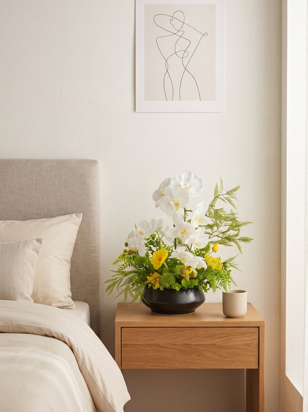 White Phalaenopsis Orchid and Fern Faux Floral Arrangement