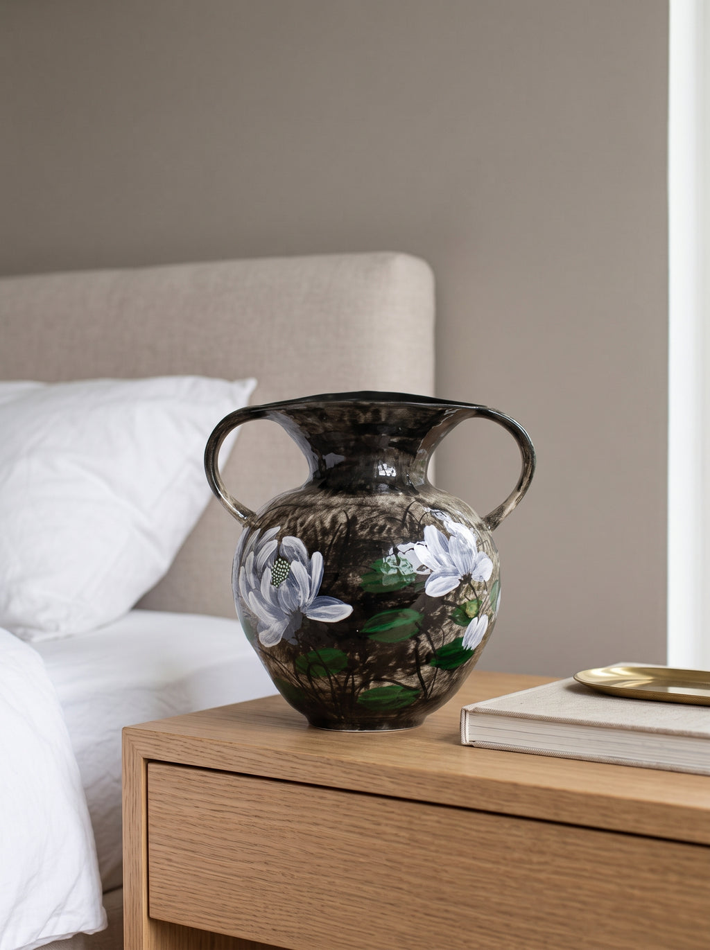 Hand-Painted White Lotus Two-Handled Vase