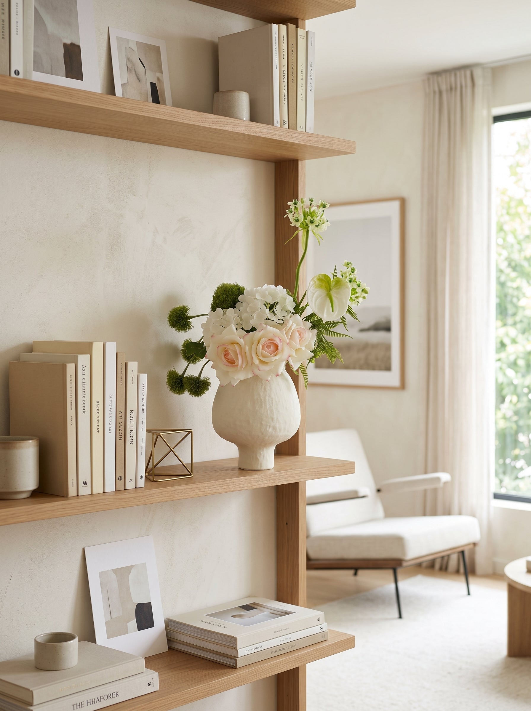 Zen White Rose and Hydrangea Faux Floral Arrangement