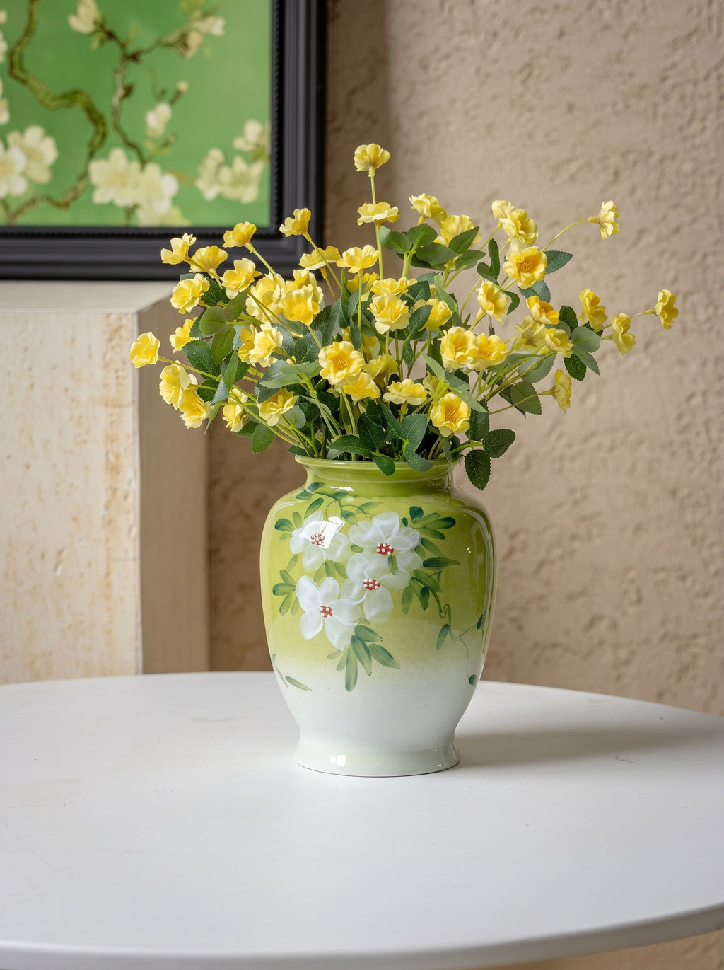 French Country Hand-painted White Jasmine Ceramic Vase