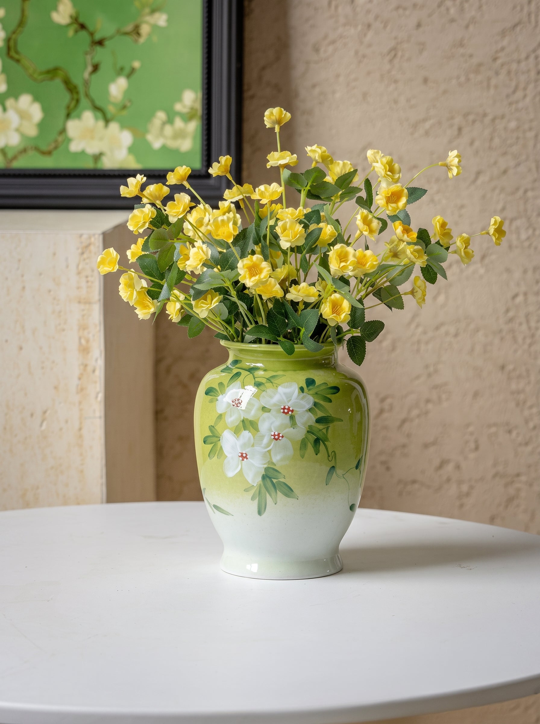French Country Hand-painted White Jasmine Ceramic Vase