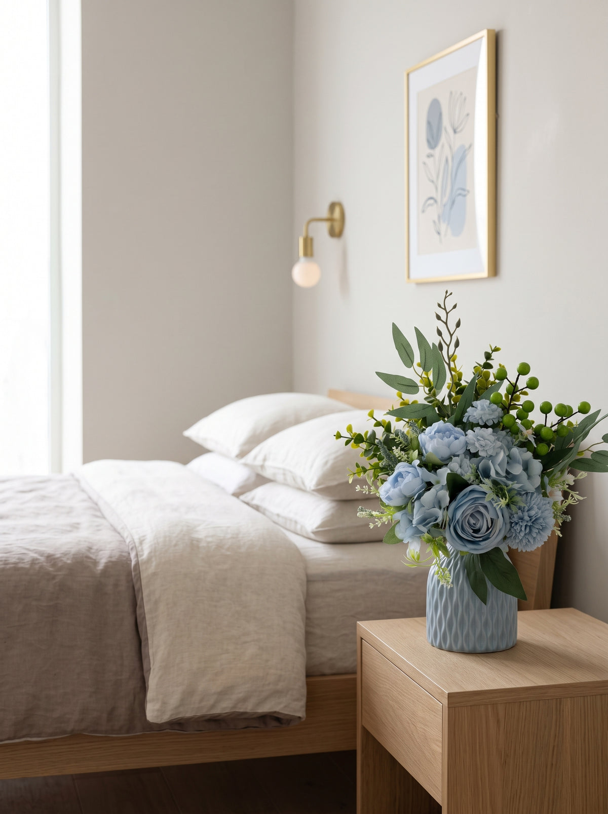 Nordic Soft Blue Rose Botanical Berry Faux Floral Arrangement