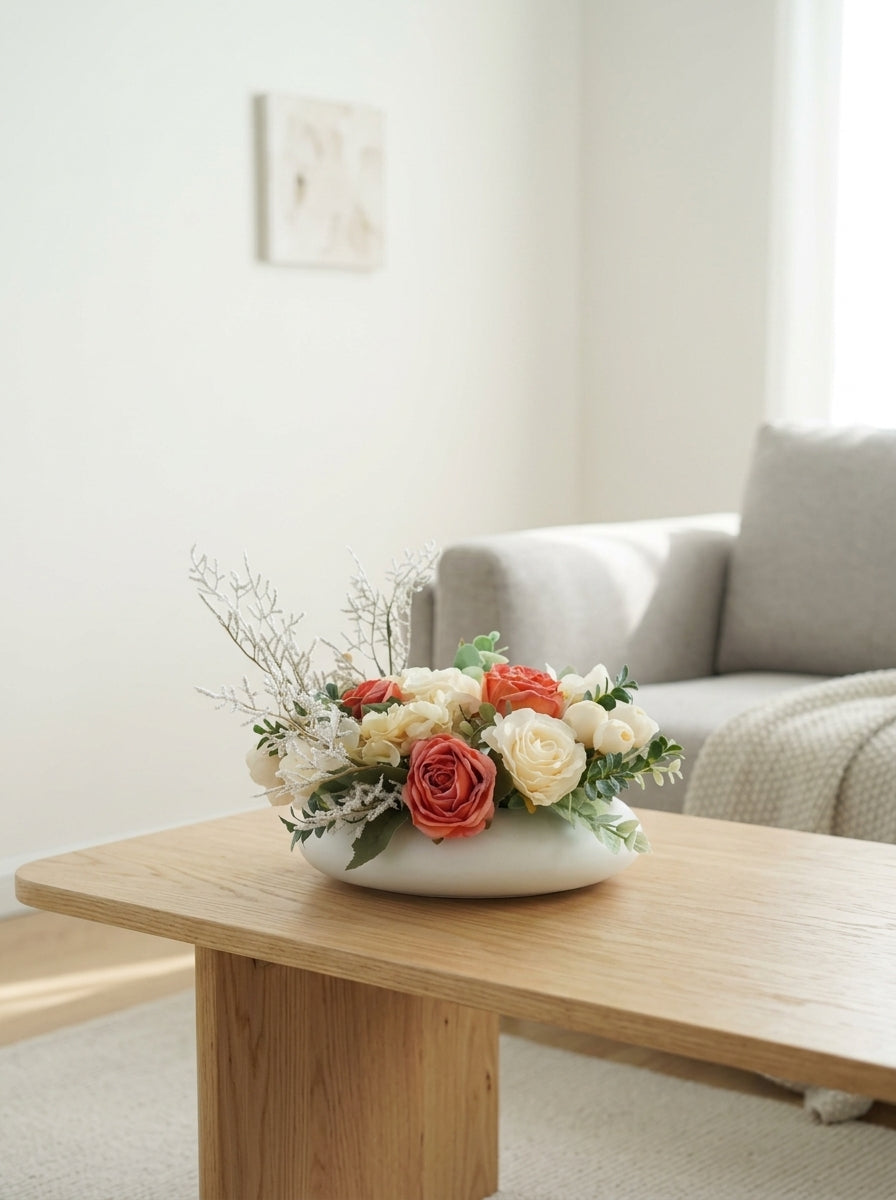 Zen Cream and Dusty Rose Frosted Botanical Faux Floral Arrangement