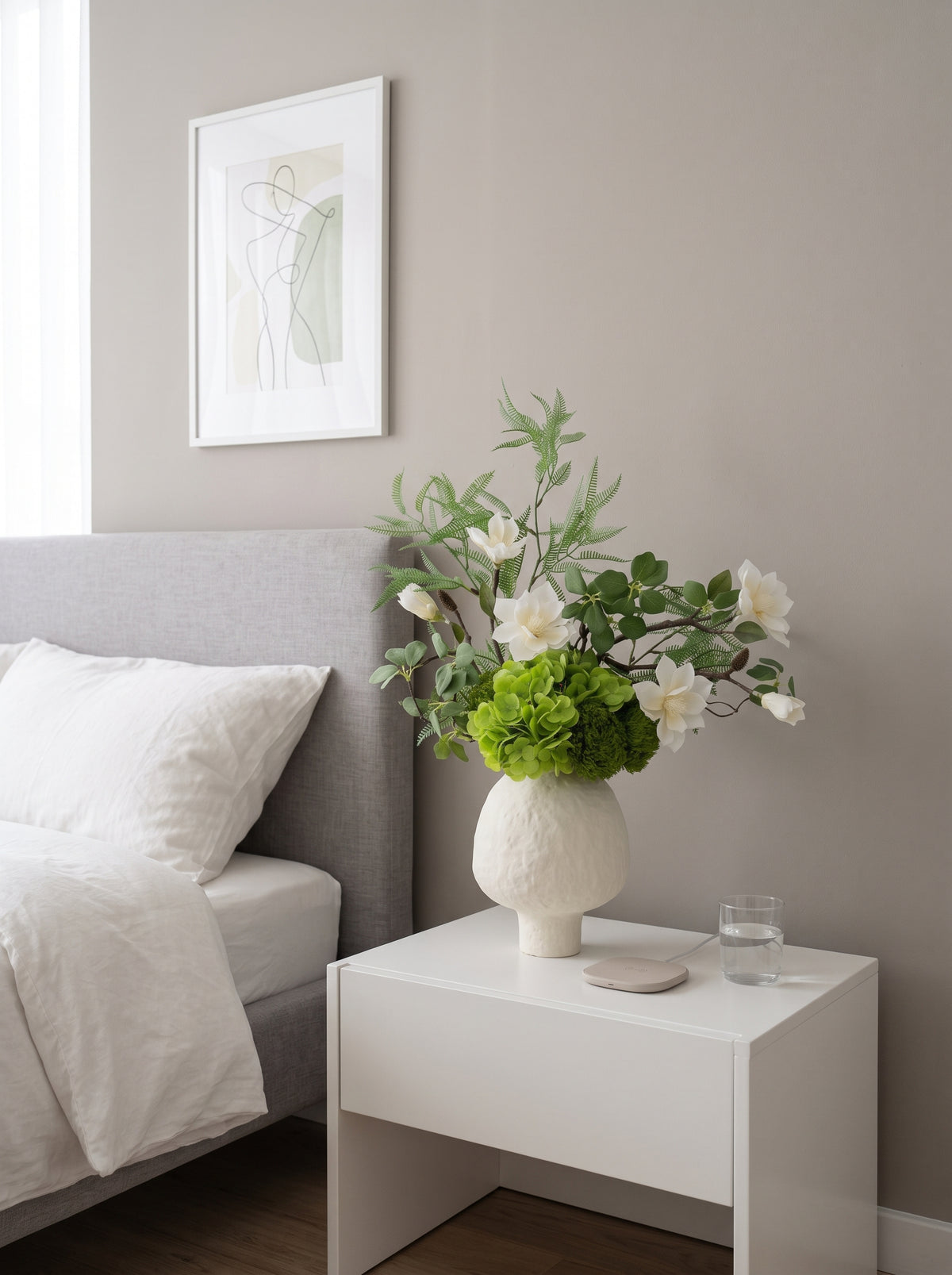 Zen White Magnolia and Green Hydrangea Faux Floral Arrangement