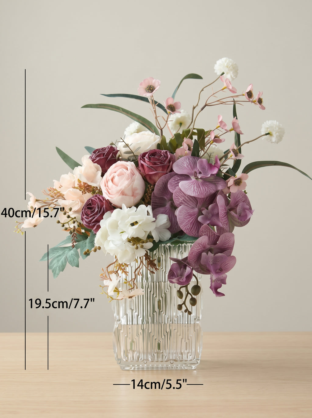 Dusty Purple Orchid and Rose Faux Floral Arrangement