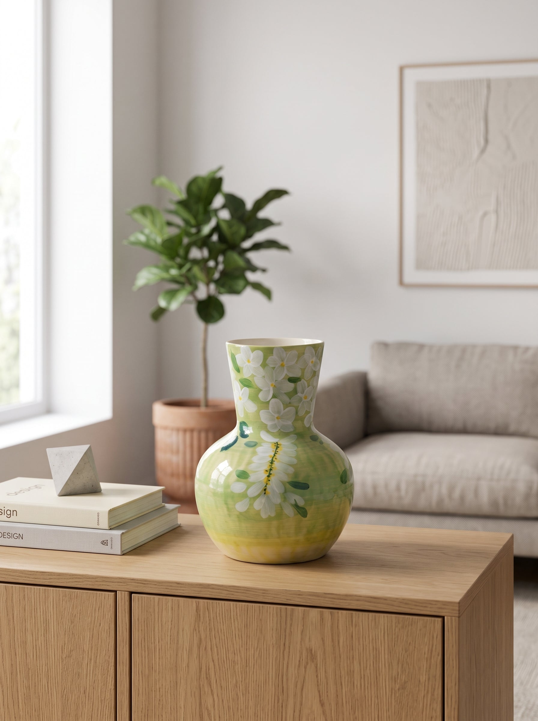 French Country Spring Green Blossom Ceramic Vase