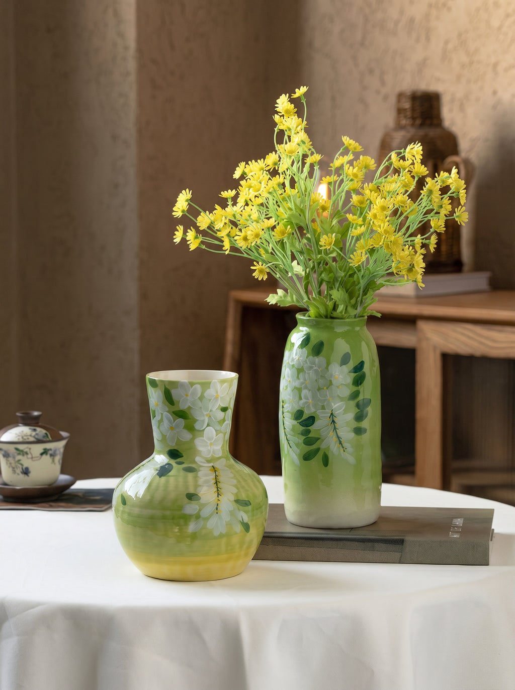 French Country Spring Green Blossom Ceramic Vase