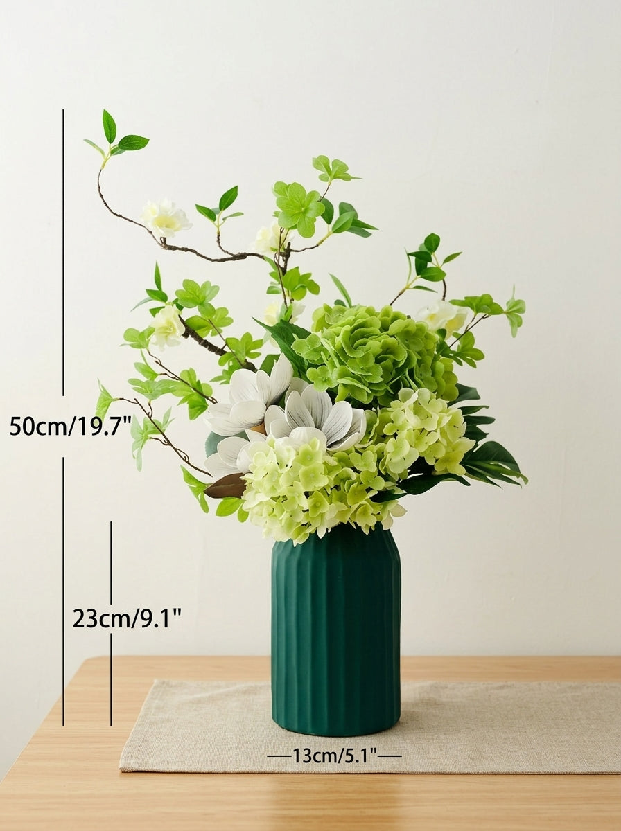Nordic Magnolia and Green Hydrangea Botanical Faux Floral Arrangement