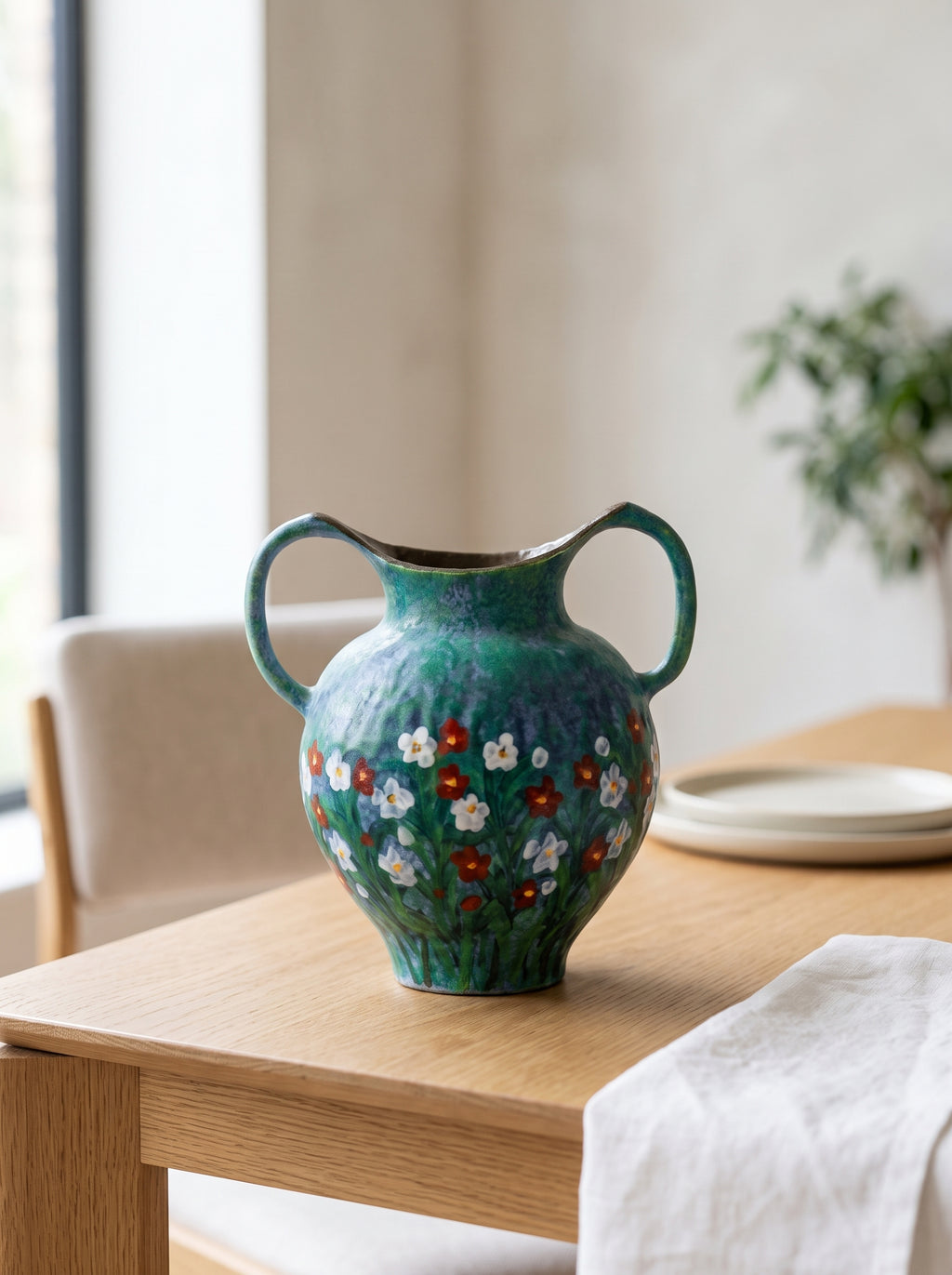 Emerald Green Hand-Painted Double-Handle Vase