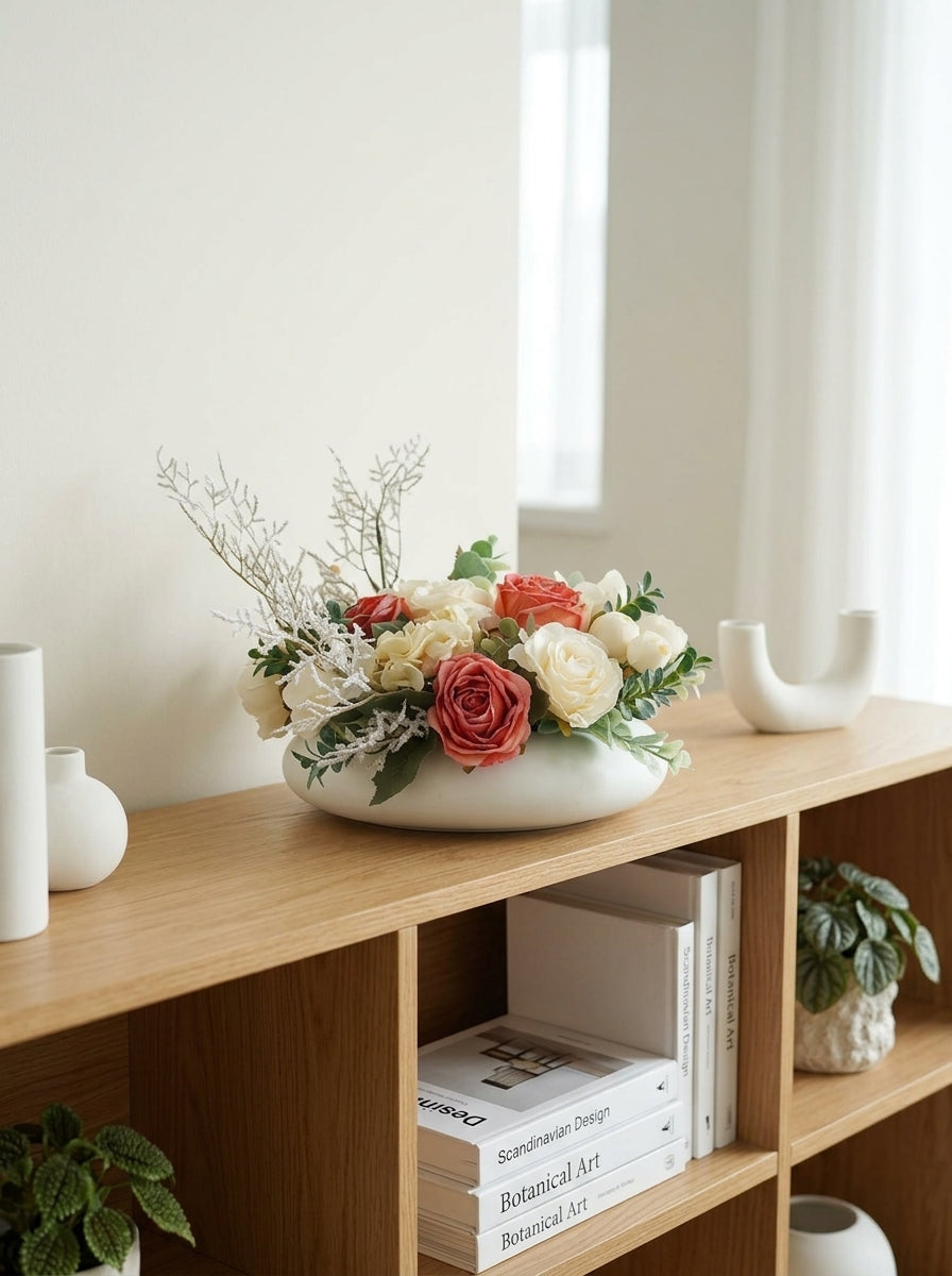 Zen Cream and Dusty Rose Frosted Botanical Faux Floral Arrangement