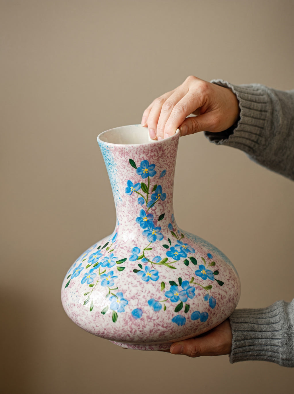 Hand-Painted Blue Floral Glazed Vase