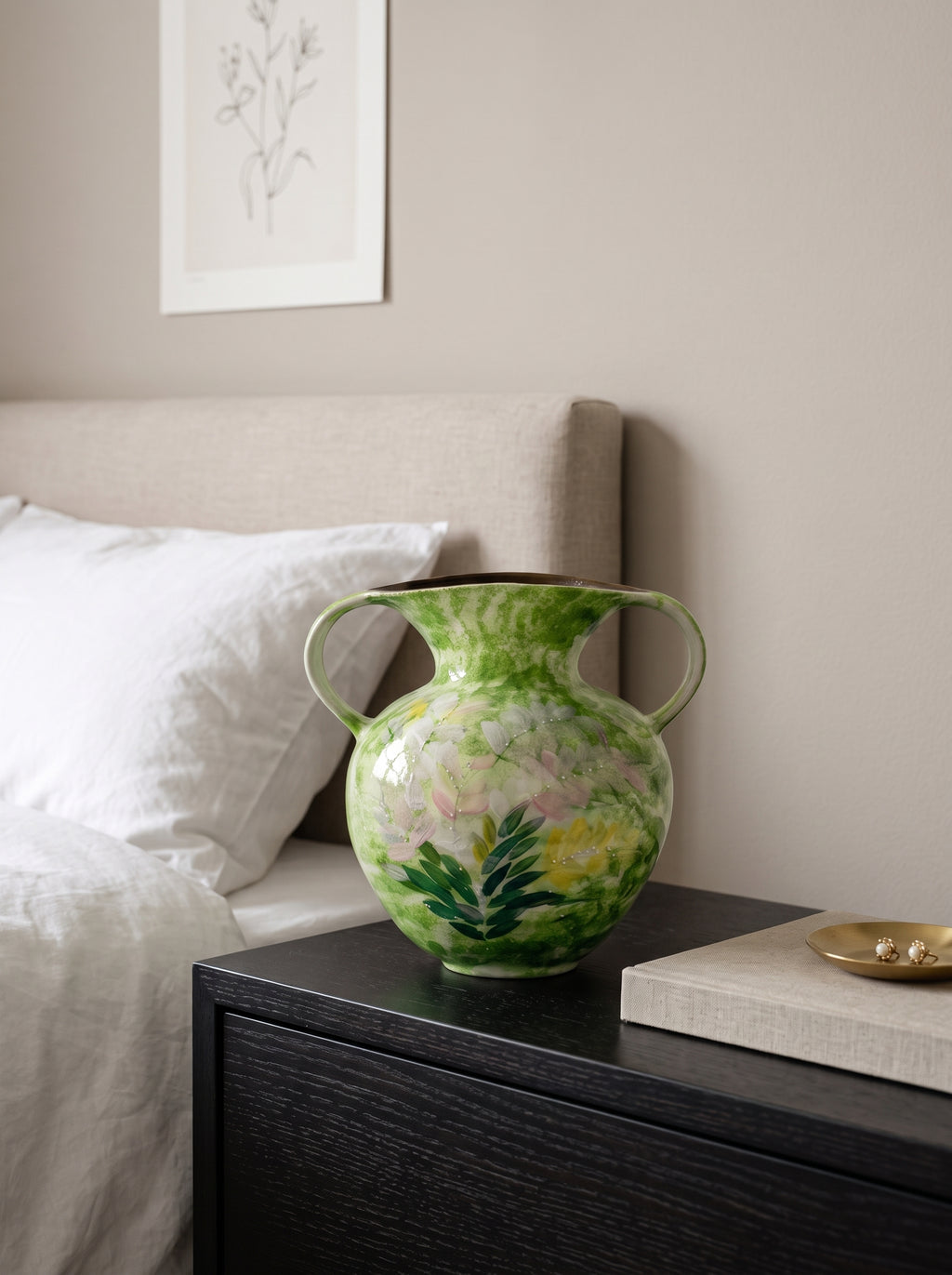 Hand-Painted Green Floral Two-Handled Vase