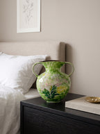 Hand-Painted Green Floral Two-Handled Vase