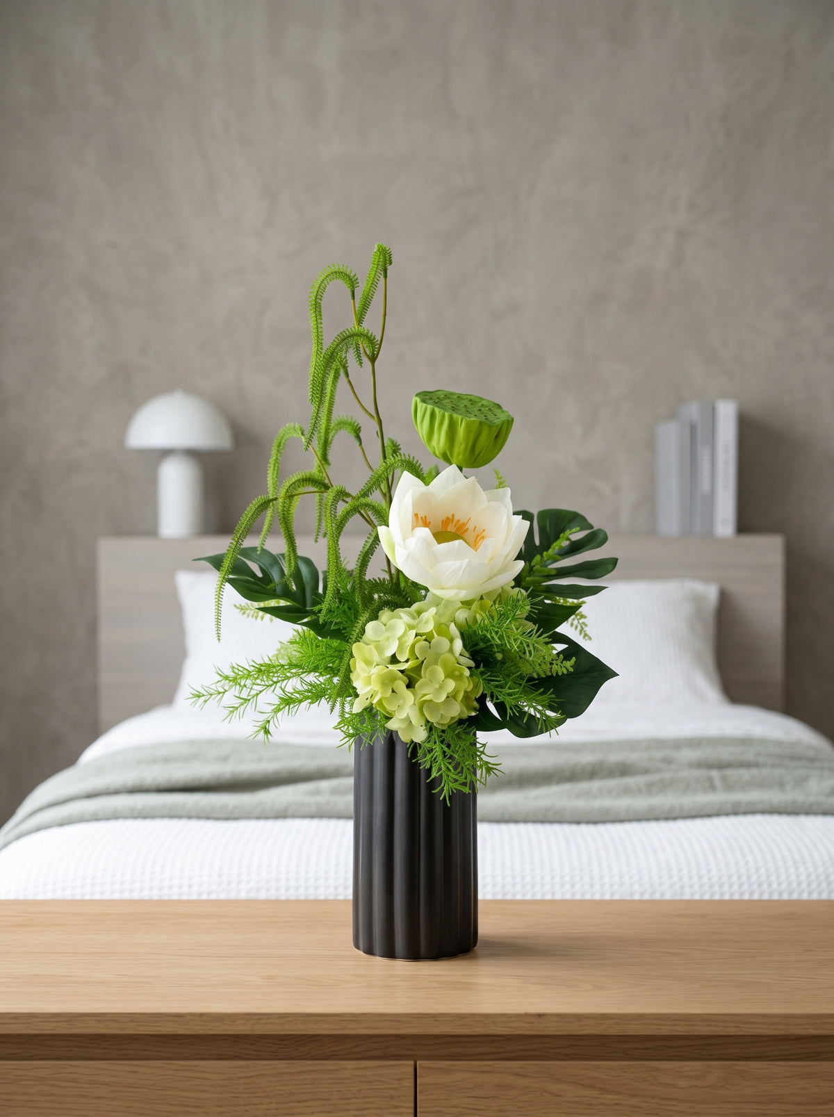 Zen White Lotus and Lotus Pod Botanical Faux Floral Arrangement