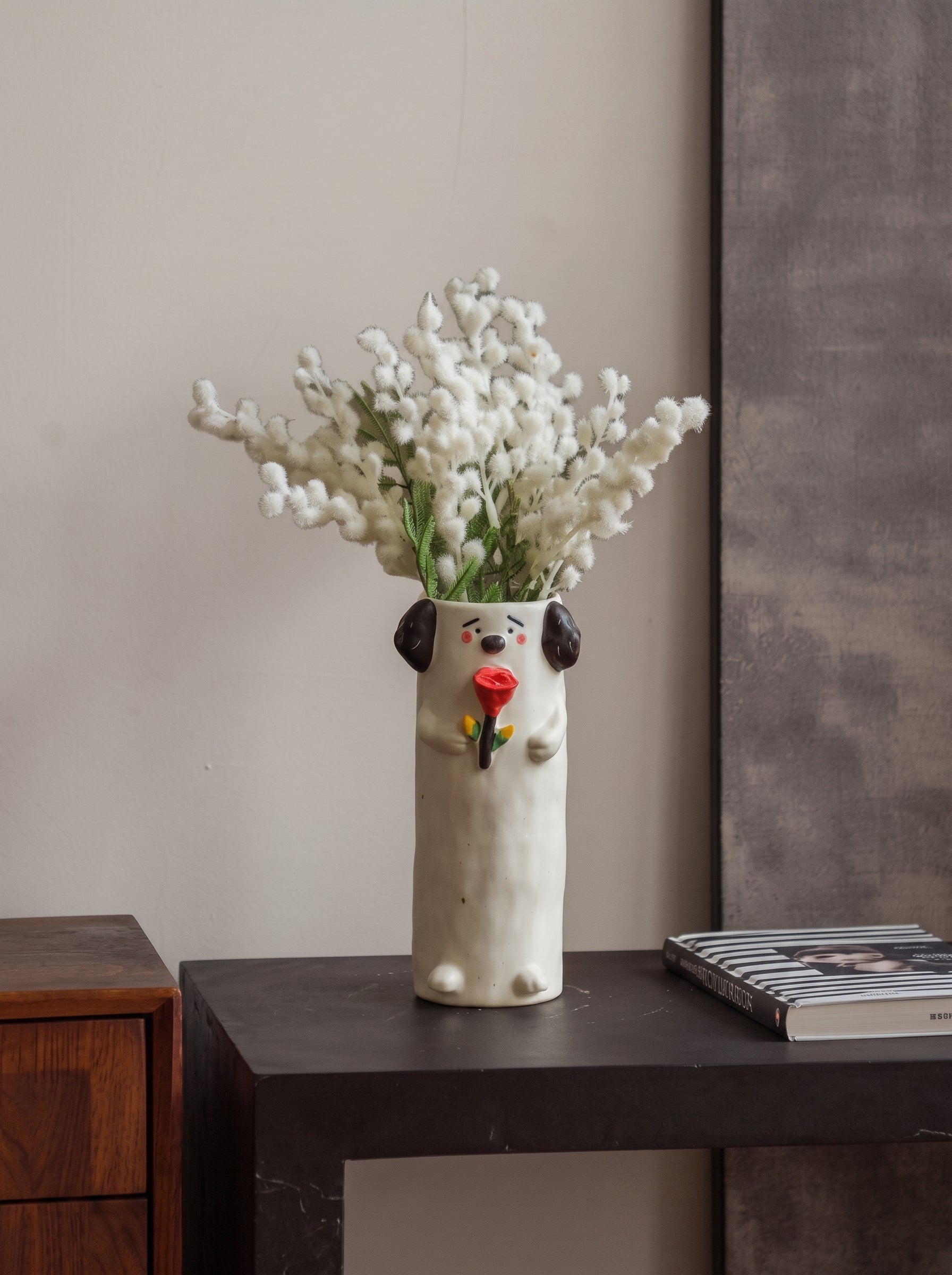 Artisanal Whimsical Dog Holding Rose Vase