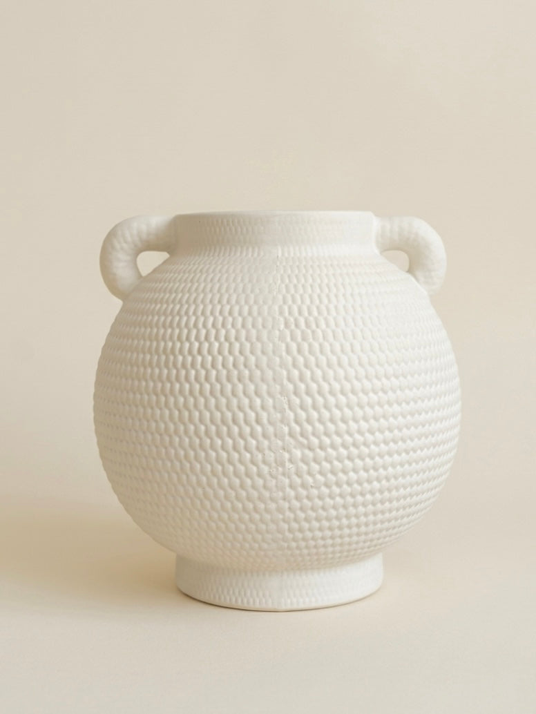 Minimalist Matte White Dimpled Dual Handle Ceramic Vase