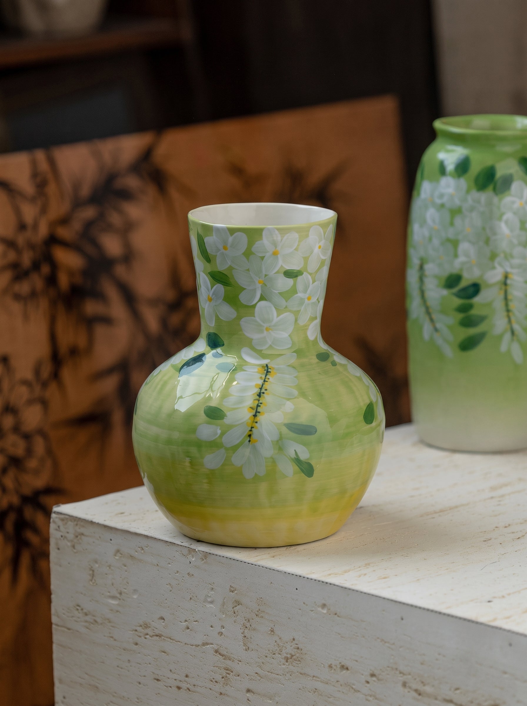 French Country Spring Green Blossom Ceramic Vase