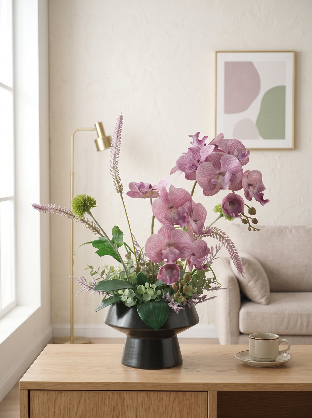 Zen Mauve Purple Orchid Botanical Faux Floral Arrangement