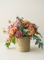 Vintage Oil Painting Dusty Rose Woven Vase Faux Floral Arrangement