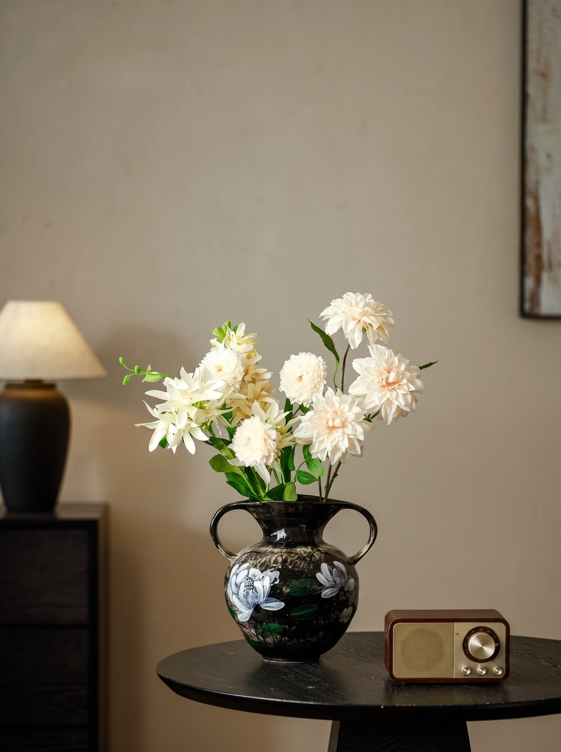 Hand-Painted White Lotus Two-Handled Vase
