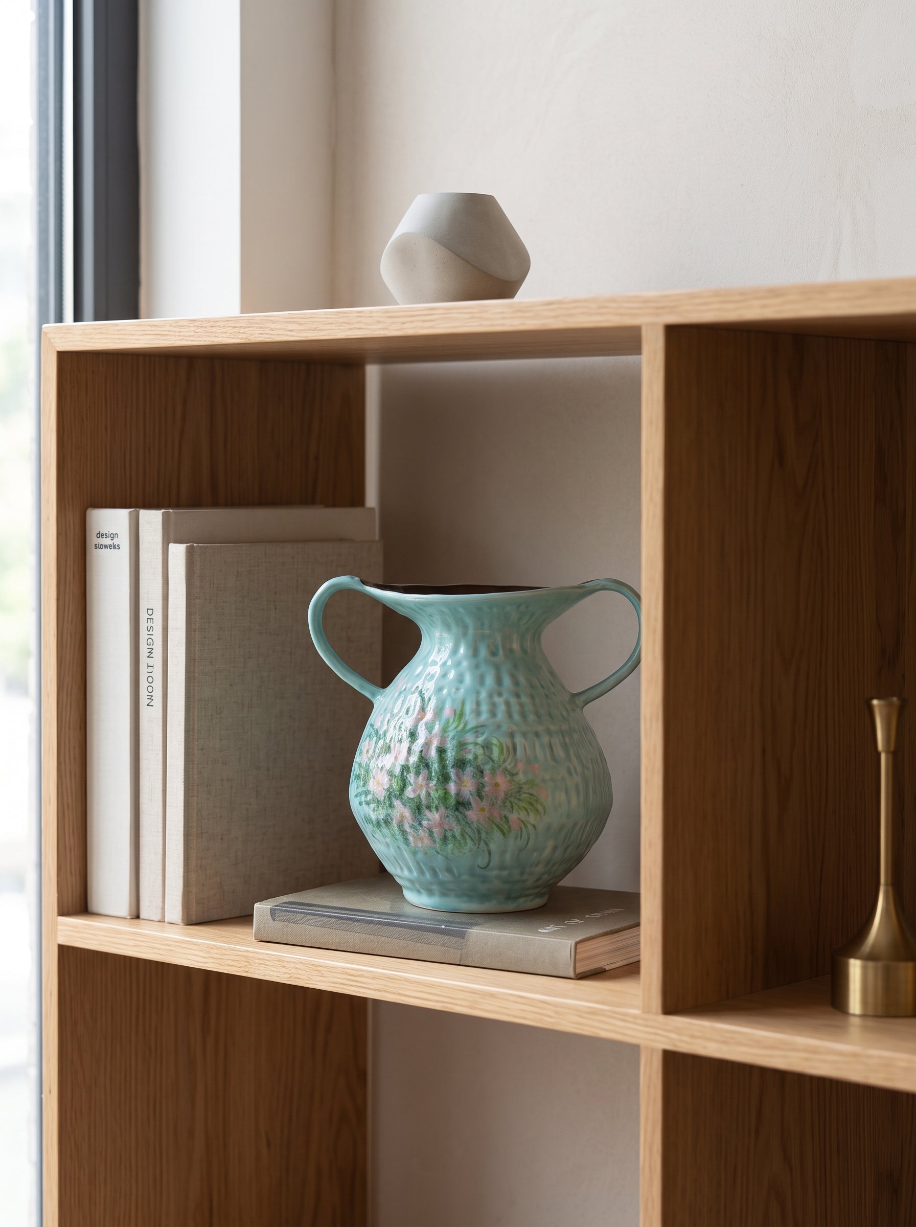 Hand-Painted Floral Double Handle Teal Vase