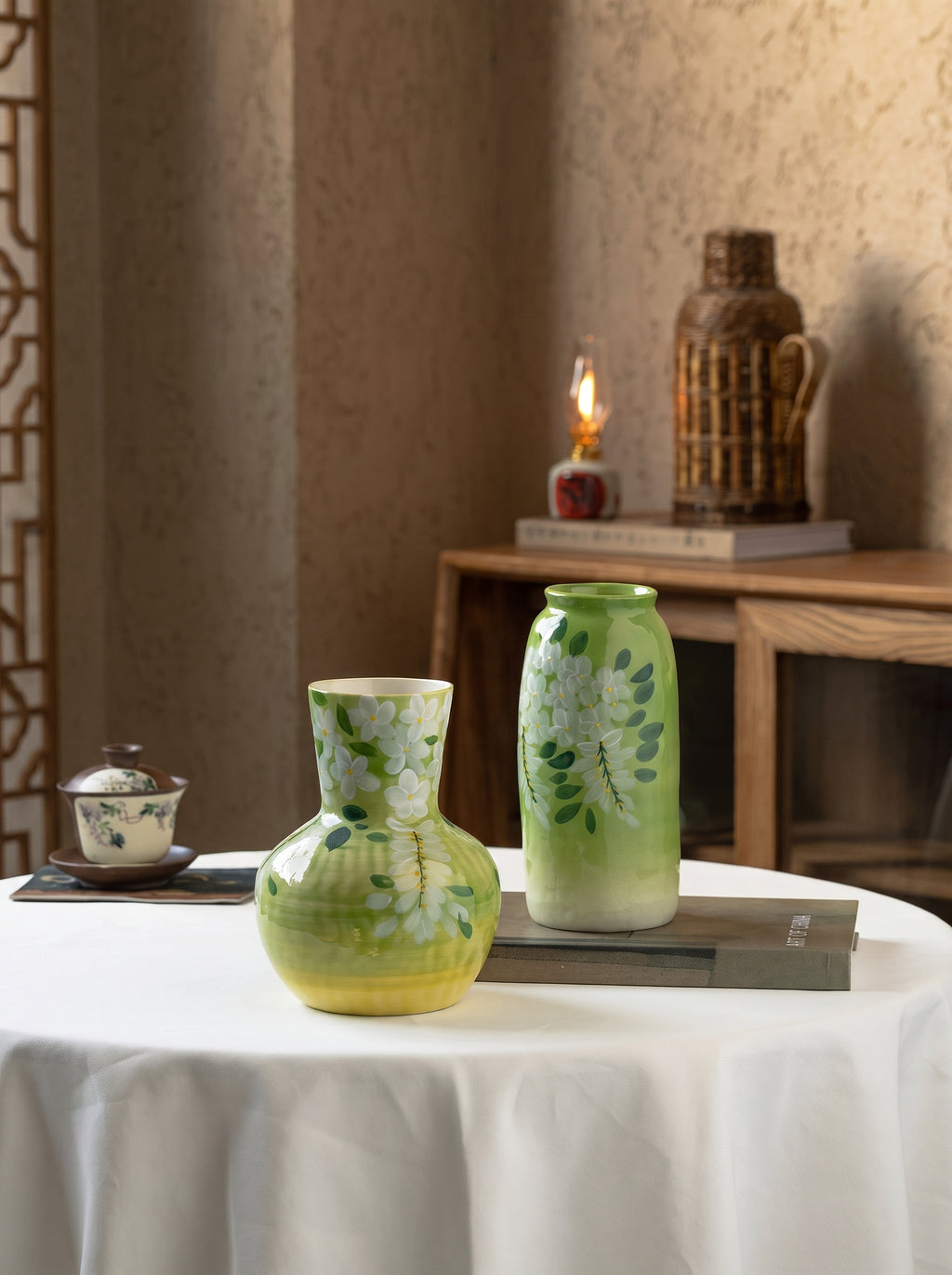 French Country Spring Green Blossom Ceramic Vase