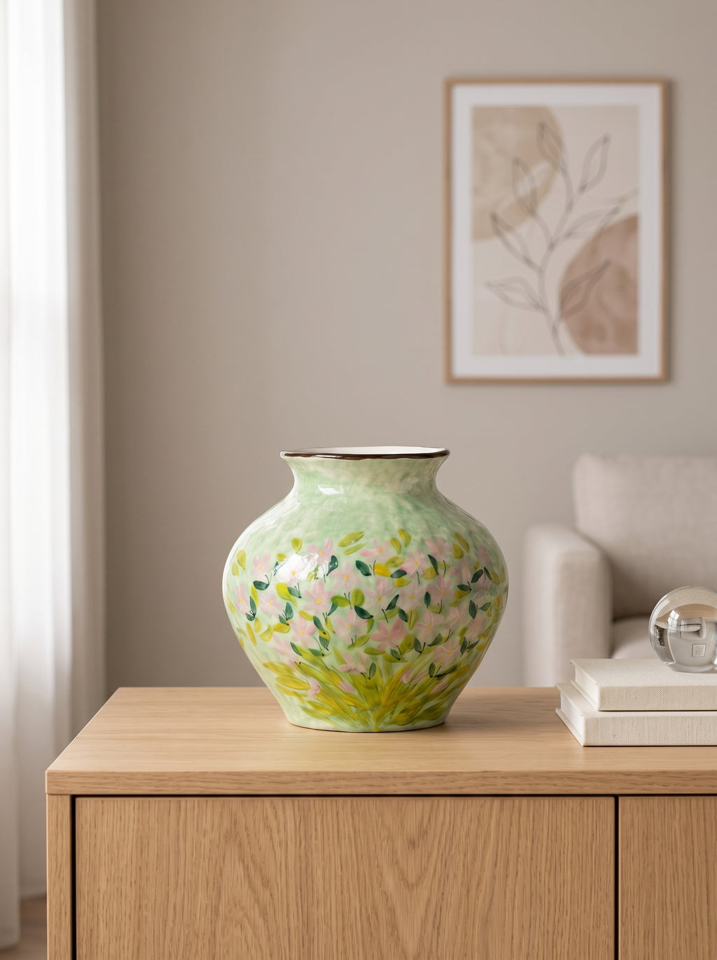 Impressionist Floral Hand-painted Green Ceramic Vase