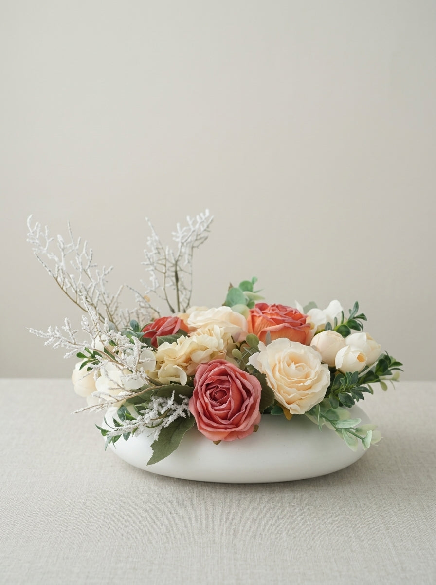 Zen Cream and Dusty Rose Frosted Botanical Faux Floral Arrangement