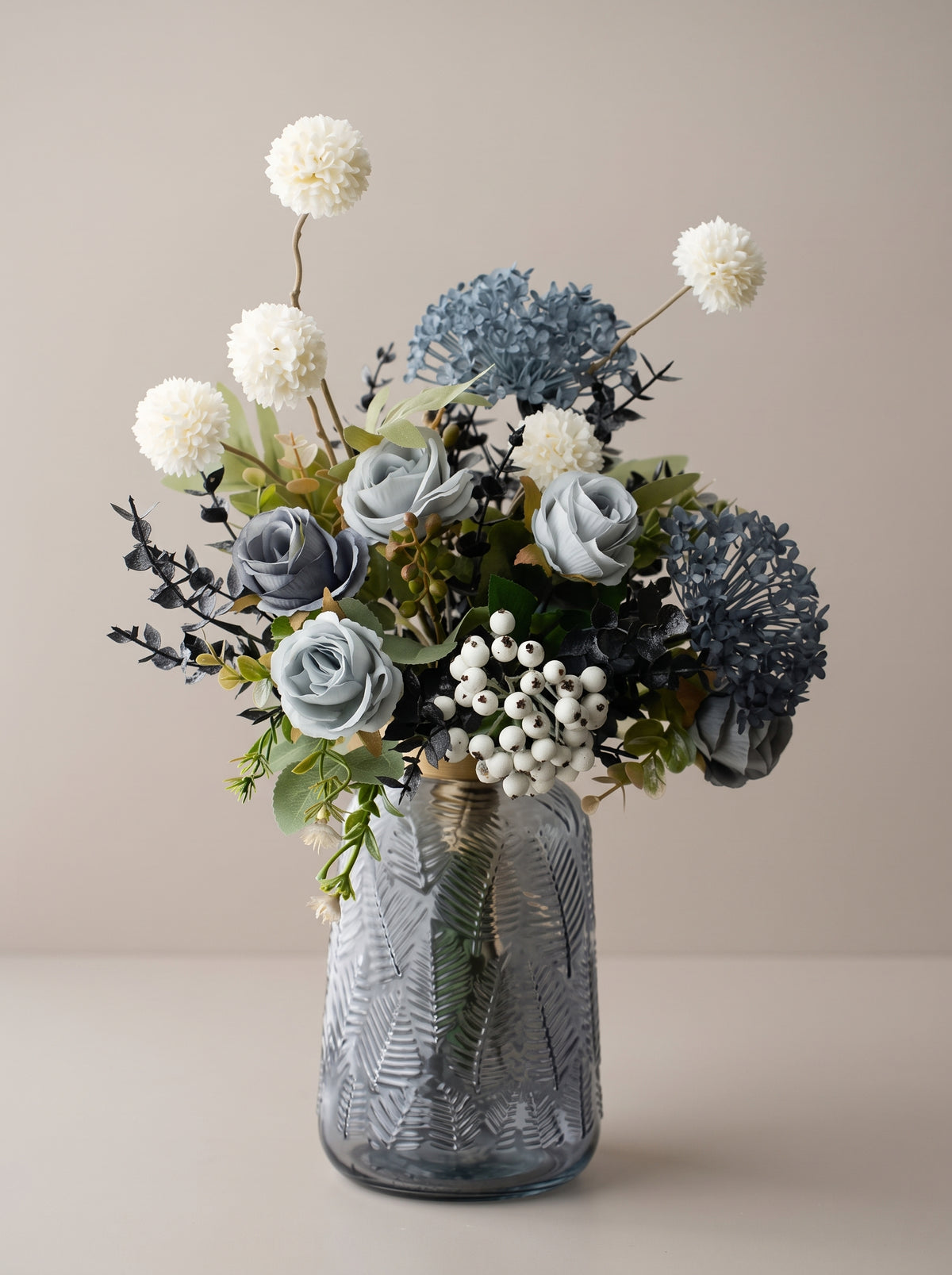 Dusty Mint Blue Rose and White Pom-Pom Faux Floral Arrangement